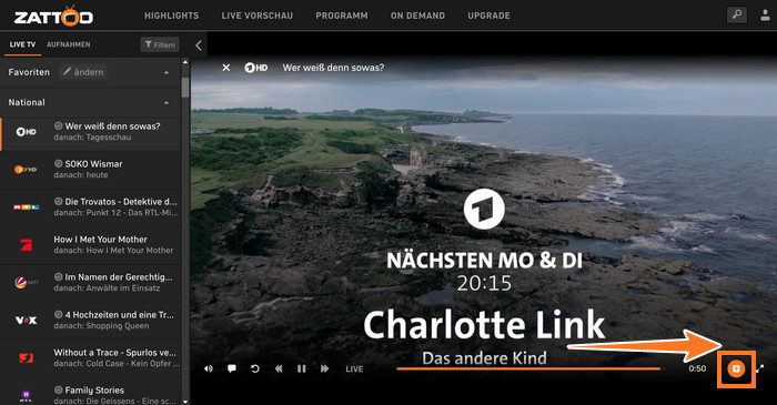 Die orangefarbene Schaltfläche von Zattoo