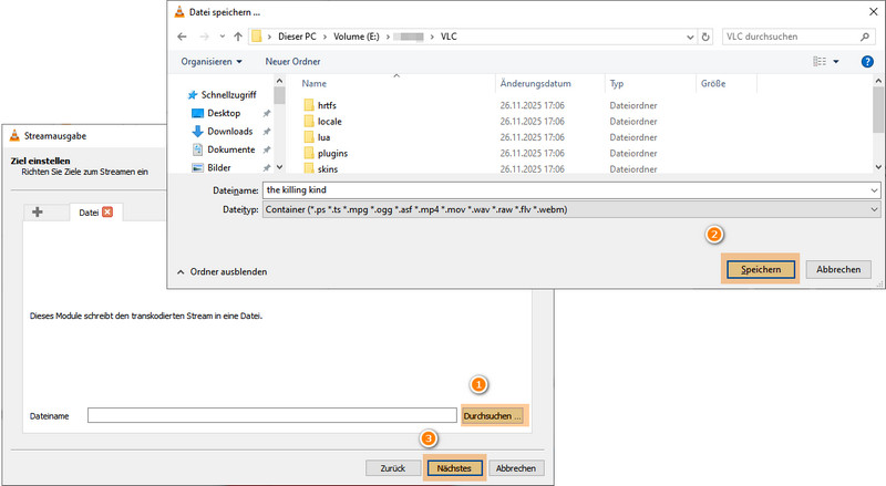 Speicherort und den Dateinamen für das Video auf VLC festlegen